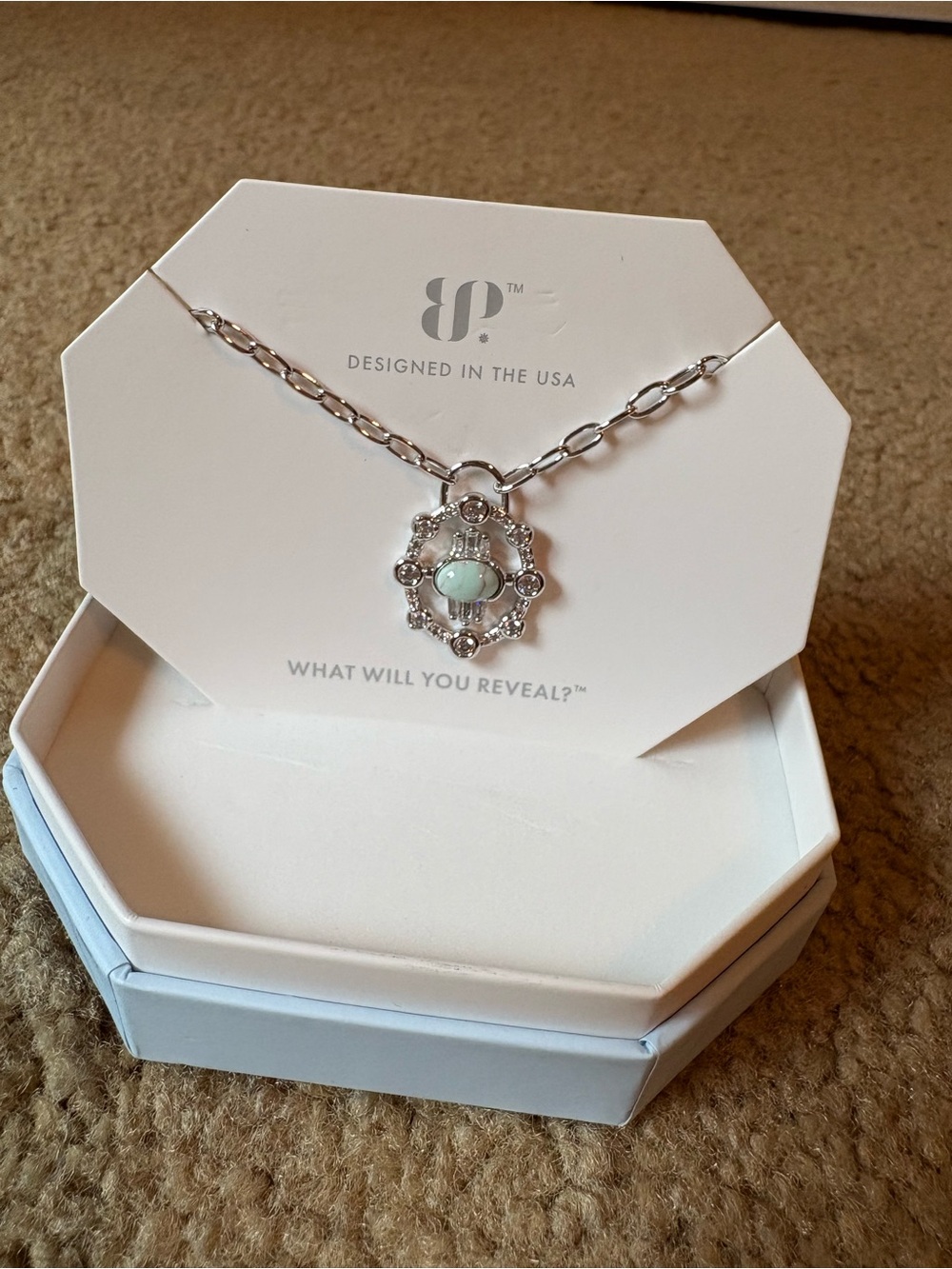 Silver-Tone Necklace with Mint Green Center and Sparkling Halo